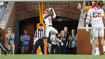 Oct 11, 2025; Knoxville, Tennessee, USA; Arkansas Razorbacks wide receiver Kam Shanks (15) catches a pass for a touchdown against the Tennessee Volunteers during the second half at Neyland Stadium. Mandatory Credit: Randy Sartin-Imagn Images