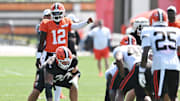 Cleveland Browns quarterback Shedeur Sanders runs the offense during NFL training camp at CrossCountry Mortgage Campus