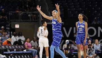 Jun 26, 2022; Chicago, Illinois, USA; Chicago Sky forward Candace Parker (3) reacts after receiving