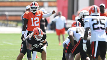 Jul 28, 2025; Berea, OH, USA; Cleveland Browns quarterback Shedeur Sanders (12) runs the offense during training camp at CrossCountry Mortgage Campus. Mandatory Credit: Ken Blaze-Imagn Images