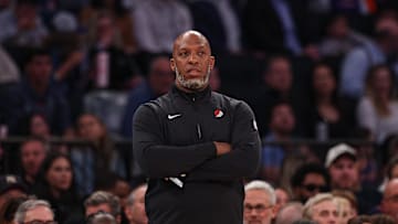 Mar 30, 2025; New York, New York, USA; Portland Trail Blazers head coach Chauncey Billups looks on during the first half against the New York Knicks at Madison Square Garden. Mandatory Credit: Vincent Carchietta-Imagn Images
