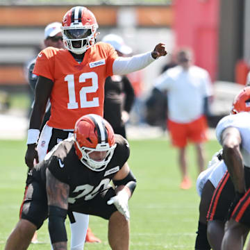 Jul 28, 2025; Berea, OH, USA; Cleveland Browns quarterback Shedeur Sanders (12) runs the offense during training camp at CrossCountry Mortgage Campus. Mandatory Credit: Ken Blaze-Imagn Images