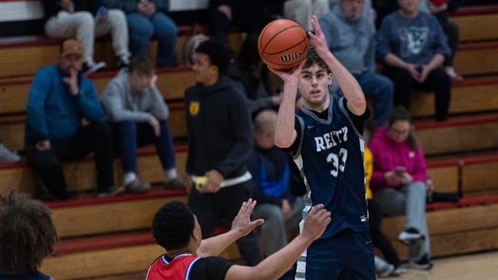 Reitz’s Jayden Overton (33) takes a shot as the Reitz Panthers play the Christian County Colonels during the fifth annual Banterra Bank Warrior Showcase at Harrison High School in Evansville, Ind., Saturday, Jan. 18, 2025.