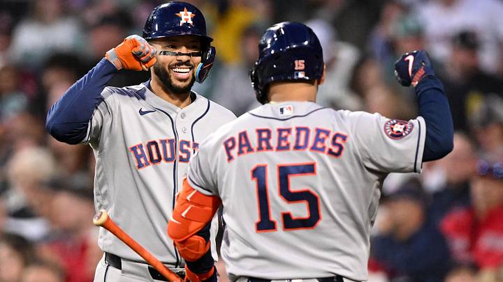 May 1, 2026; Boston, Massachusetts, USA; Houston Astros shortstop Carlos Correa (1) reacts with third baseman Isaac Paredes (15) after hitting a solo home run against the Boston Red Sox during the third inning at Fenway Park. Mandatory Credit: Brian Fluharty-Imagn Images