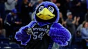 Feb 25, 2025; Colorado Springs, Colorado, USA; Air Force Falcons mascot The Bird in the second half against the Colorado State Rams at Clune Arena. 