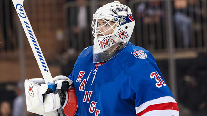 Apr 5, 2026; New York, New York, USA; New York Rangers goalie Igor Shesterkin (31) skates against the Washington Capitals during the second period at Madison Square Garden.