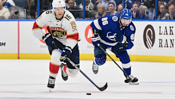 Aleksander Barkov of the Florida Panthers and Nikita Kucherov of the Tampa Bay Lightning