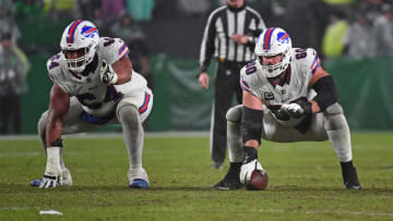 Nov 26, 2023; Philadelphia, Pennsylvania, USA; Buffalo Bills guard O'Cyrus Torrence (64) and center Mitch Morse (60) against the Philadelphia Eagles at Lincoln Financial Field. Mandatory Credit: Eric Hartline-USA TODAY Sports