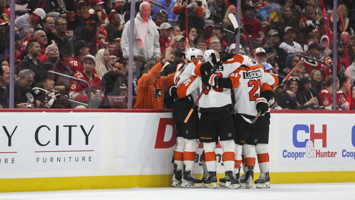 Feb 6, 2024; Sunrise, Florida, USA; Philadelphia Flyers celebrates after a goal by right wing Travis