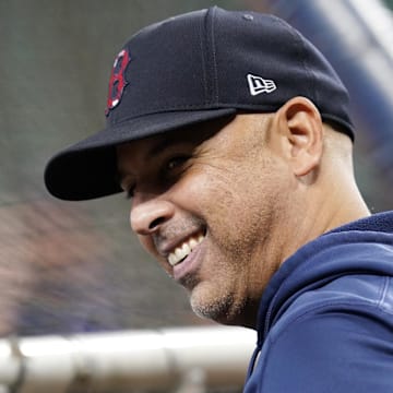 Oct 22, 2021; Houston, Texas, USA; Boston Red Sox manager Alex Cora looks on during batting practice prior to  game six of the 2021 ALCS against the Houston Astros at Minute Maid Park.