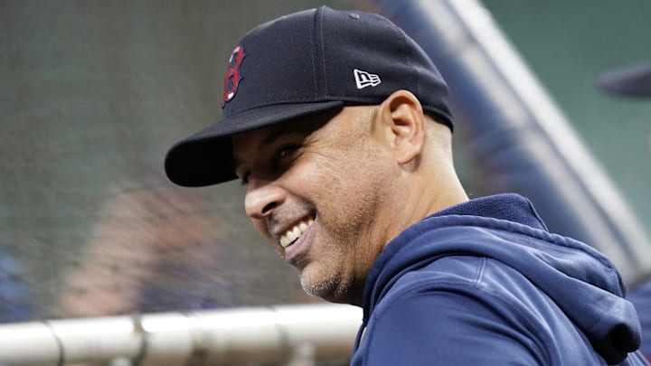 Oct 22, 2021; Houston, Texas, USA; Boston Red Sox manager Alex Cora looks on during batting practice prior to  game six of the 2021 ALCS against the Houston Astros at Minute Maid Park.