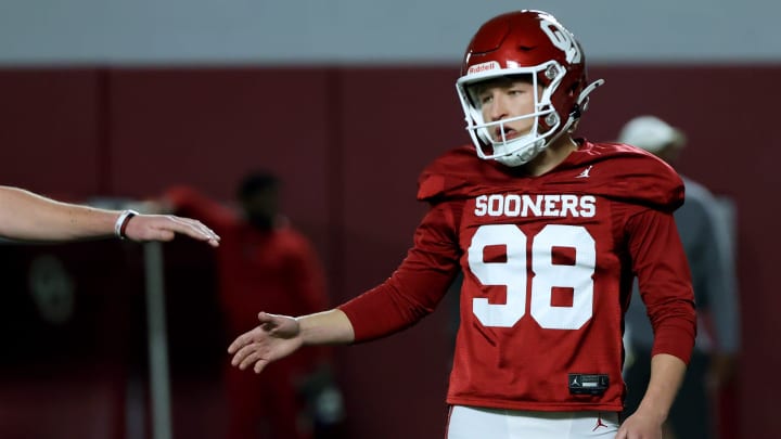 Oklahoma's Tyler Keltner reacts after a kick during the University of Oklahoma (OU) spring football practice at the Everest Training Center in Norman, Okla., Wednesday, March 27, 2024.