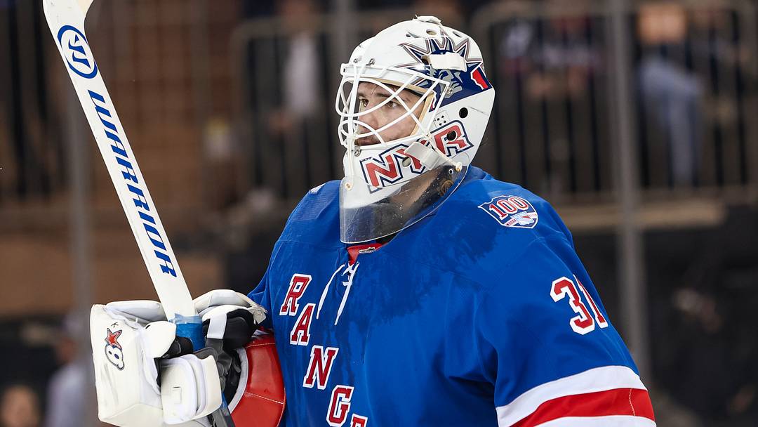 Apr 5, 2026; New York, New York, USA; New York Rangers goalie Igor Shesterkin (31) skates against the Washington Capitals during the second period at Madison Square Garden. Mandatory Credit: Danny Wild-Imagn Images