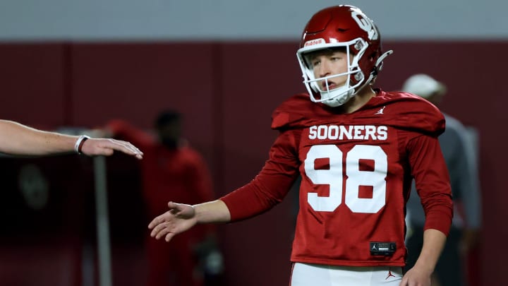 Oklahoma's Tyler Keltner reacts after a kick during the University of Oklahoma (OU) spring football practice at the Everest Training Center in Norman, Okla., Wednesday, March 27, 2024.