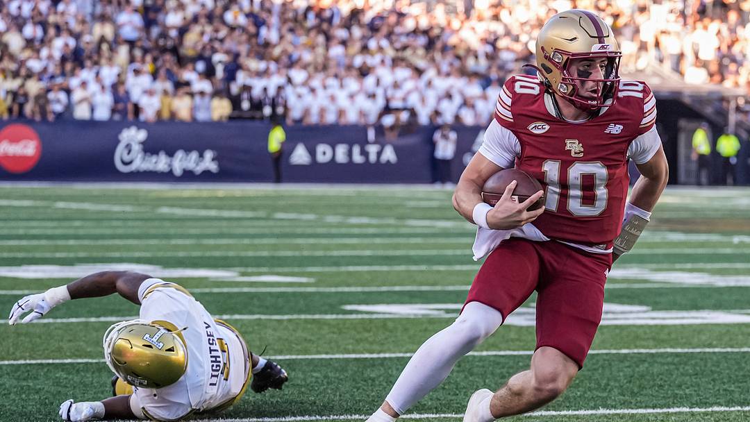Oct 24, 2026; Atlanta, Georgia, USA; Boston College Eagles quarterback Mason McKenzie (10) runs against the Georgia Tech Yellow Jackets at Bobby Dodd Stadium at Hyundai Field. Mandatory Credit: Dale Zanine-Imagn Images