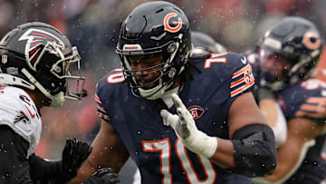 Chicago Bears offensive lineman Braxton Jones (70) blocks against the Atlanta Falcons at Soldier Field.