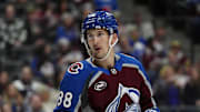 Nov 13, 2025; Denver, Colorado, USA; Colorado Avalanche center Martin Necas (88) looks on during the third period against the Buffalo Sabres at Ball Arena. Mandatory Credit: Ron Chenoy-Imagn Images
