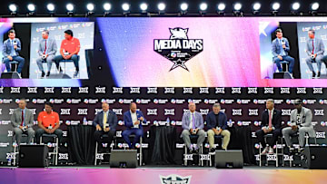 Jul 9, 2025; Frisco, TX, USA; Head coaches Willie Fritz of Houston, Mike Gundy of Oklahoma State, Rich Rodriguez of West Virginia, Lance Leipold of Kansas, Sonny Dykes of TCU, Kyle Whittingham of Utah, Brent Brennan of Arizona and Deion Sanders of Colorado all sit on stage for a Coaches Roundtable during 2025 Big 12 Football Media Days at The Star. Mandatory Credit: Raymond Carlin III-Imagn Images