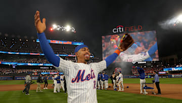 Oct 9, 2024; New York City, New York, USA; New York Mets shortstop Francisco Lindor (12) celebrates after defeating the Philadelphia Phillies in game four of the NLDS and winning the series 3 games to 1 during the 2024 MLB Playoffs at Citi Field. Mandatory Credit: Brad Penner-Imagn Images