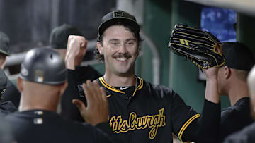 Sep 9, 2024; Pittsburgh, Pennsylvania, USA;  Pittsburgh Pirates starting pitcher Paul Skenes (30) reacts in the dugout after pitching the sixth inning against the Miami Marlins at PNC Park. Mandatory Credit: Charles LeClaire-Imagn Images