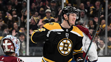 Jan 25, 2025; Boston, Massachusetts, USA; Boston Bruins center Morgan Geekie (39) reacts after scoring a goal on Colorado Avalanche goaltender Scott Wedgewood (41) during the third period at the TD Garden. Mandatory Credit: Brian Fluharty-Imagn Images