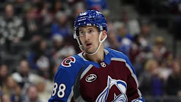 Nov 13, 2025; Denver, Colorado, USA; Colorado Avalanche center Martin Necas (88) looks on during the third period against the Buffalo Sabres at Ball Arena. Mandatory Credit: Ron Chenoy-Imagn Images