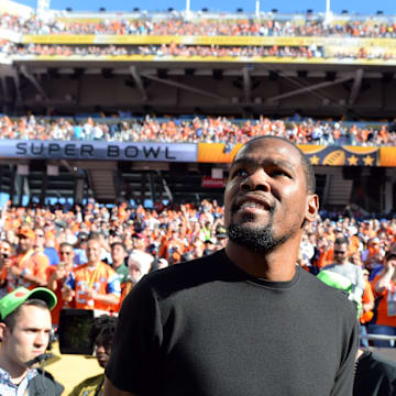 Feb 7, 2016; Santa Clara, CA, USA; Oklahoma City Thunder forward Kevin Durant at Super Bowl 50 between the Carolina Panthers and the Denver Broncos at Levi's Stadium. Mandatory Credit: Robert Deutsch-Imagn Images