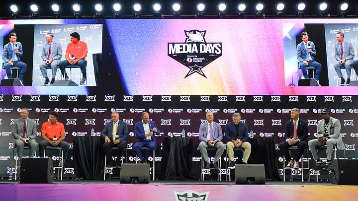 Jul 9, 2025; Frisco, TX, USA; Head coaches Willie Fritz of Houston, Mike Gundy of Oklahoma State, Rich Rodriguez of West Virginia, Lance Leipold of Kansas, Sonny Dykes of TCU, Kyle Whittingham of Utah, Brent Brennan of Arizona and Deion Sanders of Colorado all sit on stage for a Coaches Roundtable during 2025 Big 12 Football Media Days at The Star. Mandatory Credit: Raymond Carlin III-Imagn Images