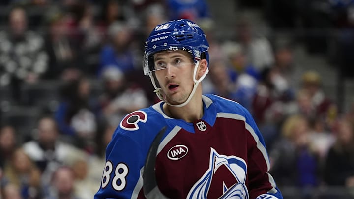 Nov 13, 2025; Denver, Colorado, USA; Colorado Avalanche center Martin Necas (88) looks on during the third period against the Buffalo Sabres at Ball Arena. Mandatory Credit: Ron Chenoy-Imagn Images