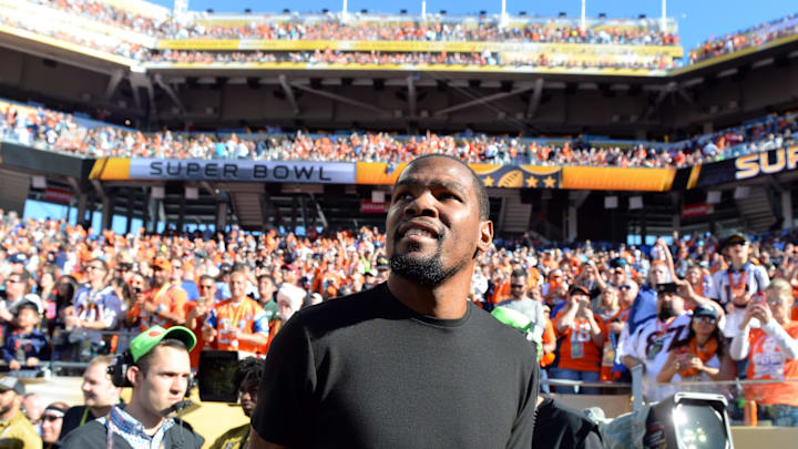 Feb 7, 2016; Santa Clara, CA, USA; Oklahoma City Thunder forward Kevin Durant at Super Bowl 50 between the Carolina Panthers and the Denver Broncos at Levi's Stadium. Mandatory Credit: Robert Deutsch-Imagn Images