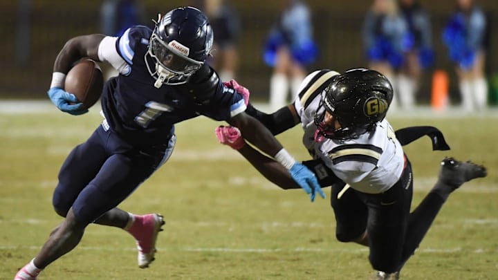 Dorman running back Nick Means (1) breaks the tackle of Gaffney Ayden Montgomery (14) Friday, Oct. 24, 2025, during the SCHSL football game at Dorman High School in Roebuck, South Carolina. Dorman running back Nick Means (1) breaks the tackle of Gaffney Ayden Montgomery (14) Friday, Oct. 24, 2025, during the SCHSL football game at Dorman High School in Roebuck, South Carolina.
