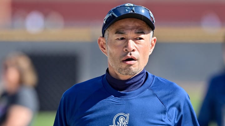 Former Seattle Mariners player Ichiro Suzuki looks on during a Spring Training workout at Peoria Sports Complex in 2024.