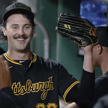 Pittsburgh Pirates starting pitcher Paul Skenes (30) reacts in the dugout after pitching the sixth inning against the Miami Marlins at PNC Park.