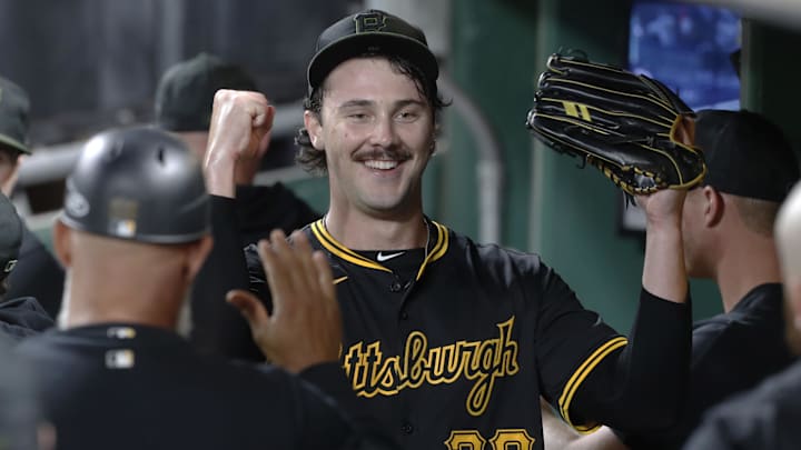 Pittsburgh Pirates starting pitcher Paul Skenes (30) reacts in the dugout after pitching the sixth inning against the Miami Marlins at PNC Park.