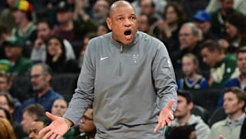 Nov 7, 2024; Milwaukee, Wisconsin, USA; Milwaukee Bucks head coach Doc Rivers reacts in the third quarter against the Utah Jazz at Fiserv Forum. Mandatory Credit: Benny Sieu-Imagn Images