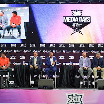 Jul 9, 2025; Frisco, TX, USA; Head coaches Willie Fritz of Houston, Mike Gundy of Oklahoma State, Rich Rodriguez of West Virginia, Lance Leipold of Kansas, Sonny Dykes of TCU, Kyle Whittingham of Utah, Brent Brennan of Arizona and Deion Sanders of Colorado all sit on stage for a Coaches Roundtable during 2025 Big 12 Football Media Days at The Star. Mandatory Credit: Raymond Carlin III-Imagn Images