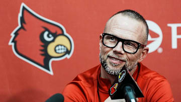 Louisville men's basketball coach Pat Kelsey talks to reporters during the Cardinals' media day for the 2025-26 basketball season on Wednesday Oct. 15, 2025 in Louisville, Kentucky.