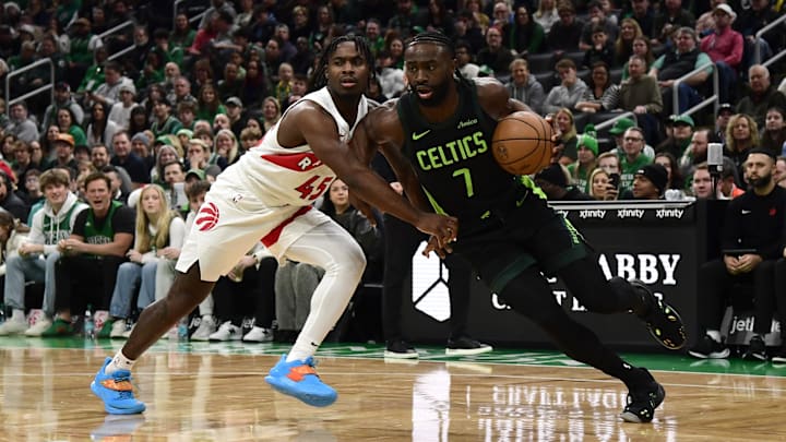 Davion Mitchell defends Jaylen Brown during the Raptors' 125–71 loss to the Celtics on Dec. 31, 2024. Davion Mitchell defends Jaylen Brown during the Raptors' 125–71 loss to the Celtics on Dec. 31, 2024.