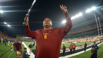 Nov 1, 2013; Corvallis, OR, USA; Southern California Trojans coach Ed Orgeron directs the Spirit of Troy marching band after the game against the Oregon State Beavers at Reser Stadium. USC defeated Oregon State 31-14.  Mandatory Credit: Kirby Lee-USA TODAY Sports