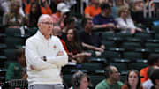 Mar 6, 2024; Coral Gables, Florida, USA; Miami Hurricanes head coach Jim Larranaga looks on against the Boston College Eagles during the first half at Watsco Center. Mandatory Credit: Sam Navarro-Imagn Images