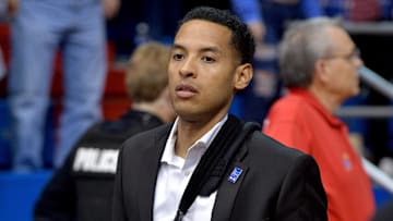 Jan 25, 2020; Lawrence, Kansas, USA; Kansas Jayhawks assistant coach/video co-ordinator Jeremy Case walks onto the court before the game against the Tennessee Volunteers at Allen Fieldhouse. Mandatory Credit: Denny Medley-Imagn Images