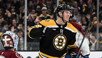 Jan 25, 2025; Boston, Massachusetts, USA; Boston Bruins center Morgan Geekie (39) reacts after scoring a goal on Colorado Avalanche goaltender Scott Wedgewood (41) during the third period at the TD Garden. Mandatory Credit: Brian Fluharty-Imagn Images