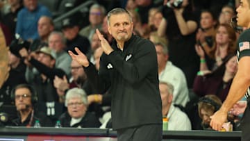 Jan 29, 2025; Starkville, Mississippi, USA; Mississippi State Bulldogs head coach Chris Jans reacts against the Alabama Crimson Tide during the second half at Humphrey Coliseum. Mandatory Credit: Wesley Hale-Imagn Images