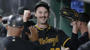 Sep 9, 2024; Pittsburgh, Pennsylvania, USA;  Pittsburgh Pirates starting pitcher Paul Skenes (30) reacts in the dugout after pitching the sixth inning against the Miami Marlins at PNC Park. Mandatory Credit: Charles LeClaire-Imagn Images