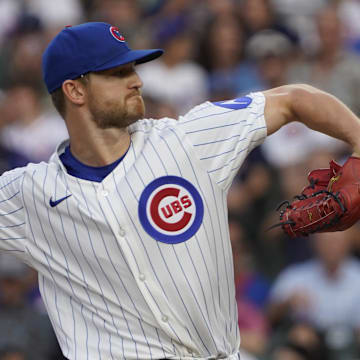 Aug 4, 2025; Chicago, Illinois, USA; Chicago Cubs pitcher Michael Soroka (41) throws the ball against the Cincinnati Reds during the first inning at Wrigley Field. 