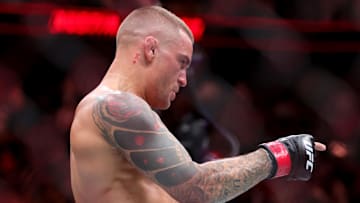 Mar 9, 2024; Miami, Florida, USA; Dustin Poirier reacts after knocking out Benoit Saint Denis during UFC 299 at Kayesa Center. Mandatory Credit: Sam Navarro-Imagn Images