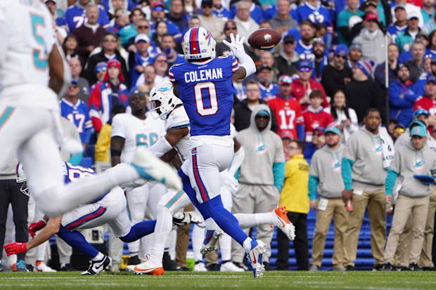 Buffalo Bills WR Keon Coleman makes a catch against the Miami Dolphins.