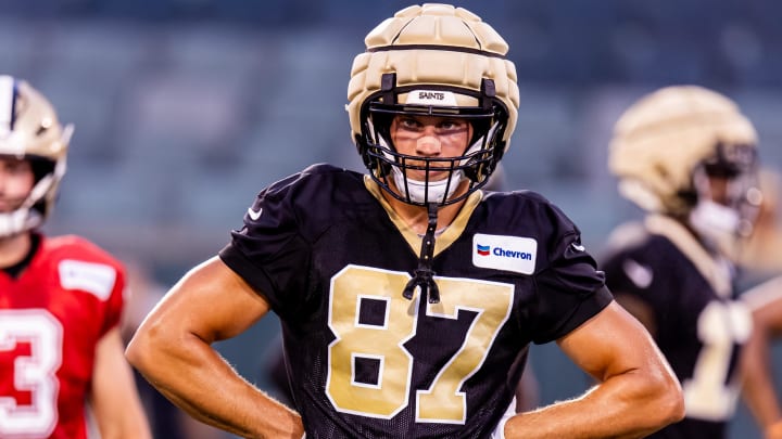 Aug 20, 2024; New Orleans, LA, USA;  New Orleans Saints tight end Foster Moreau (87) looks on during practice at Yulman Stadium (Tulane). Mandatory Credit: Stephen Lew-USA TODAY Sports