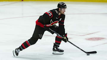 Apr 5, 2025; Ottawa, Ontario, CAN; Ottawa Senators defenseman Jake Sanderson (85) skates with the puck in the third period against the Florida Panthers at the Canadian Tire Centre. Mandatory Credit: Marc DesRosiers-Imagn Images