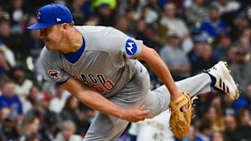 May 3, 2025; Milwaukee, Wisconsin, USA;  Chicago Cubs starting pitcher Jameson Taillon (50) throws a pitch in the first inning against the Milwaukee Brewers at American Family Field. Mandatory Credit: Benny Sieu-Imagn Images